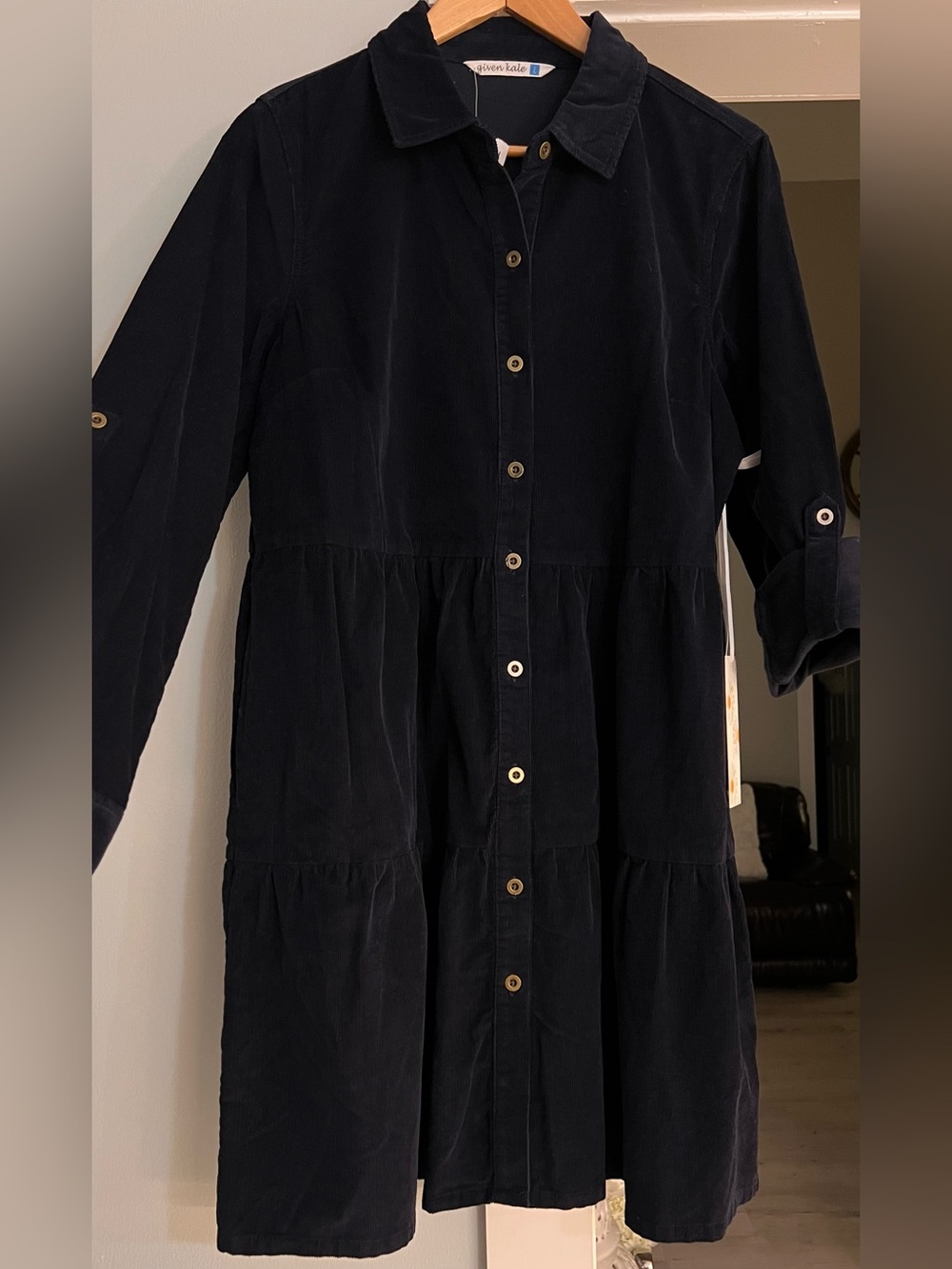 Given Kale Dark Blue Corduroy Long-Sleeve Button-Front Tiered Shirt Dress size L